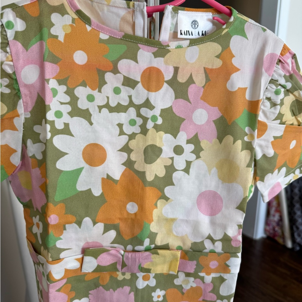 Green and Pink Puff Sleeve Dress with Bow Belt.  NWOT.